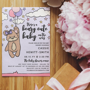 Roze Paarse Beary Schattige Meisje Baby Shower Kaart