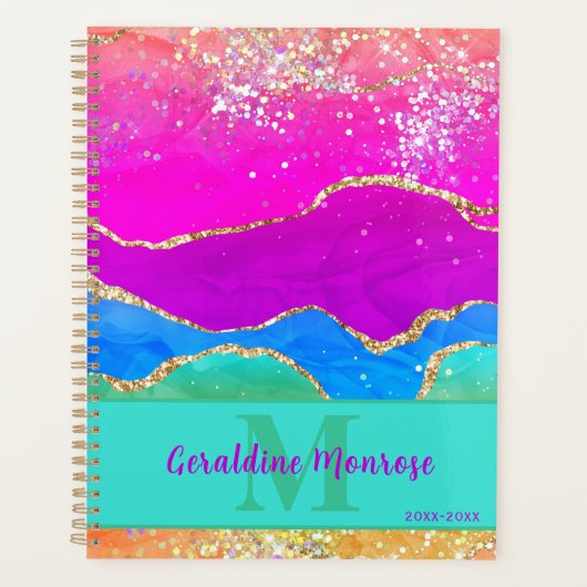Roze Paarse Blauw Goud Marmer Glitter Abstracte Ku Planner (Voorkant)