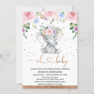 Roze Paarse Blauwe Bloemen Olifant Baby shower Kaart