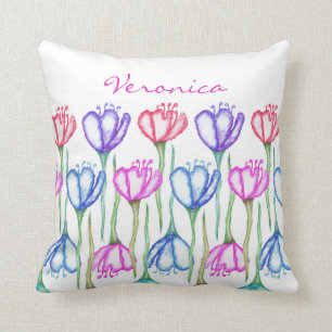 Roze Paarse blauwe en rode Waterverf Tulip Monogra Kussen