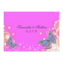 Roze paarse blauwe vlinder bruiloft rsvp