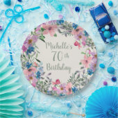 Roze Paarse blauwe Waterverf Floral 70e verjaardag Papieren Bordje (Feest)