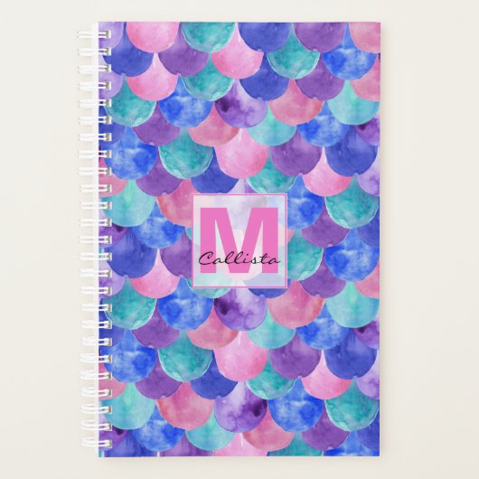 Roze Paarse blauwe Waterverf Zeemeermin monogram Planner (Voorkant)