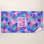 Roze Paarse blauwe Waterverf Zeemeermin monogram Strandlaken (Voorkant)