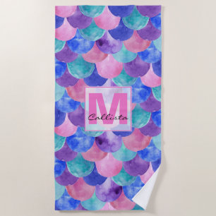 Roze Paarse blauwe Waterverf Zeemeermin monogram Strandlaken