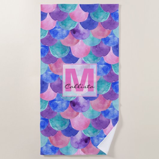 Roze Paarse blauwe Waterverf Zeemeermin monogram Strandlaken (Voorkant)