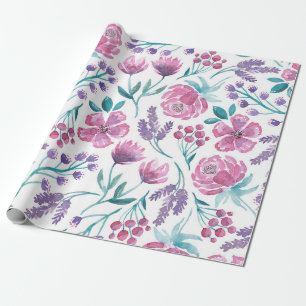 Roze Paarse Blauwgroen Waterverf Flowers Patroon Cadeaupapier