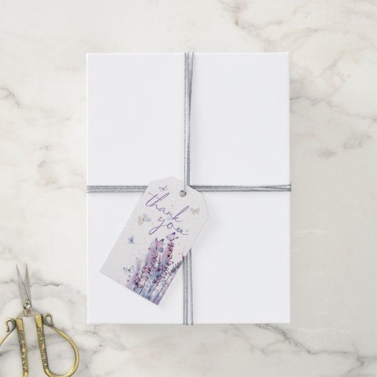Roze paarse bloem vlinder verjaardag dank u cadeaulabel (Met Touw)