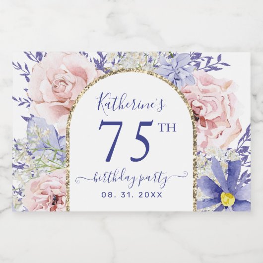 Roze Paarse Bloemen 75e Verjaardagsfeest Sparkling Wijnetiket (Enkel label)