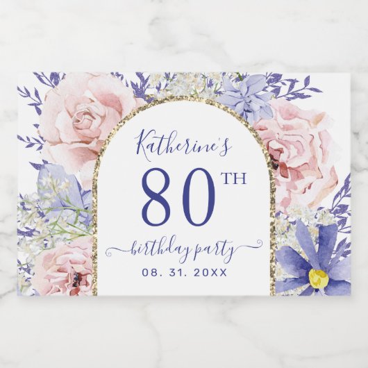 Roze Paarse Bloemen 89ste Verjaardagsfeest Sparkling Wijnetiket (Enkel label)