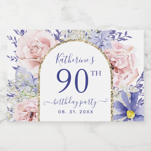 Roze Paarse Bloemen 90ste Verjaardagsfeest Sparkling Wijnetiket (Enkel label)