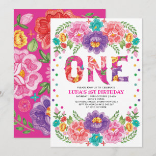  Roze Paarse Bloemen Fiesta Meisje 1e Verjaardag Kaart