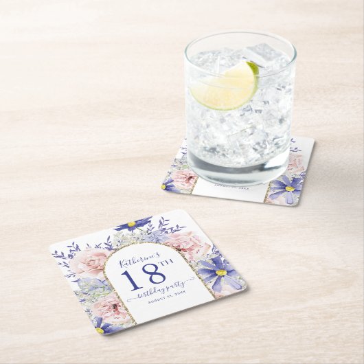 Roze Paarse Bloemen God Lijst 18e Verjaardagsfeest Vierkante Kartonnen Onderzetter (Insitu)