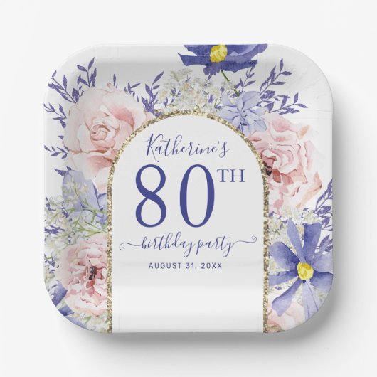 Roze Paarse Bloemen God Lijst 80ste Verjaardagsfee Papieren Bordje (Voorkant)