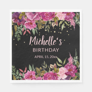 Roze Paarse Bloemen Goud Glitter Zwart Verjaardag Servet