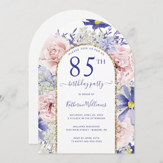 Roze Paarse Bloemen Gouden Boog 85ste Verjaardag P Kaart (Voorkant / Achterkant)