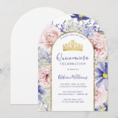 Roze Paarse Bloemen Gouden Boog Kroon Quinceañera Kaart (Voorkant / Achterkant)