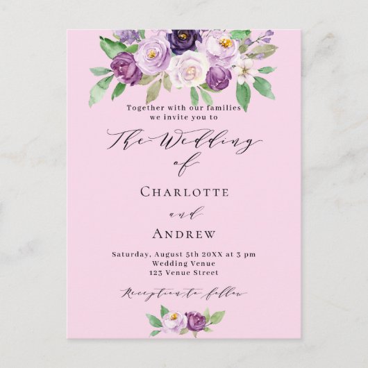 Roze paarse bloemen groen script bruiloft uitnodiging briefkaart (Voorkant)