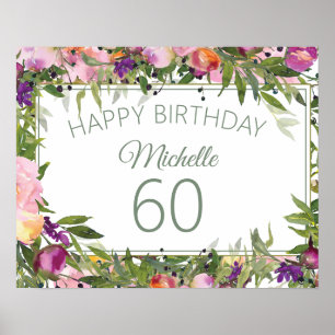 Roze Paarse Bloemen Groene Bladeren 60e Verjaardag Poster