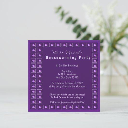 Roze, Paarse Bloemen Housewarming Party Uitnodigin Aankondiging (Staand voorkant)