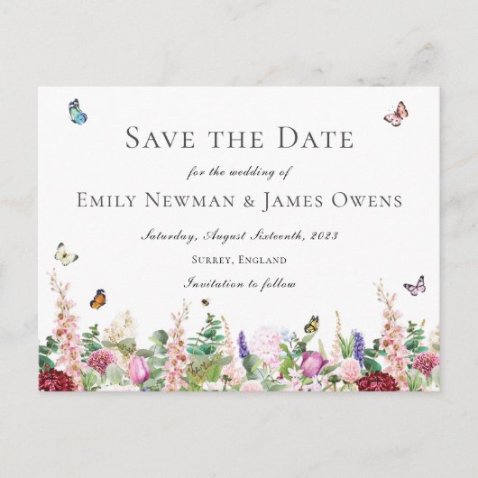 Roze paarse bloemen met vlinders Sla de datum op Briefkaart (Voorkant)