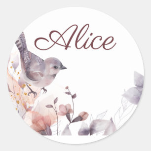 Roze paarse bloemen met vogels baby shower  ronde sticker