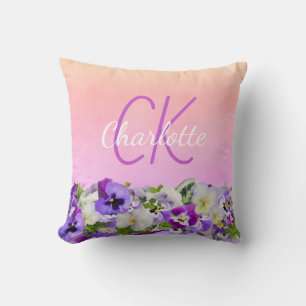 Roze paarse bloemen naam monogram script kussen