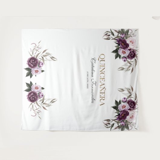 Roze paarse bloemen Roze Goud QUINCEAÑERA Prop Wandkleed (Voorkant (horizontaal))
