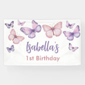 Roze Paarse Bloemen Vlinder Meisje 1e Verjaardag Spandoek (Horizontaal)