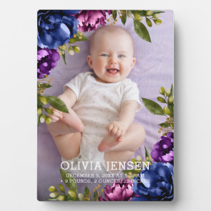 Roze Paarse Bloemen Waterverf Baby geboorte statis Fotoplaat