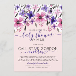 Roze Paarse Bloemen Waterverf Baby shower per post Kaart