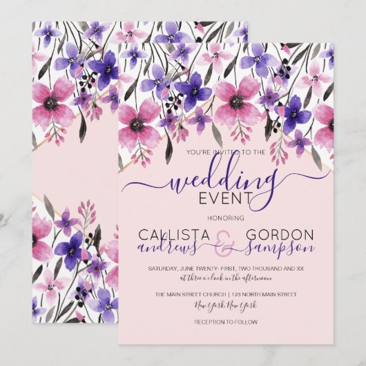 Roze Paarse Bloemen Waterverf bruiloft Kaart (Voorkant / Achterkant)