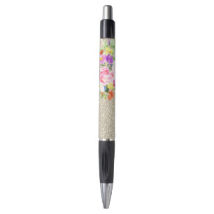 Roze Paarse Bloemen Waterverf Gouden Sparkle Pen