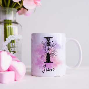 Roze Paarse Bloemen Zwart Letter Monogram I Koffiemok