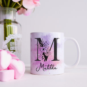 Roze Paarse Bloemen Zwart Letter Monogram M Coffee Koffiemok