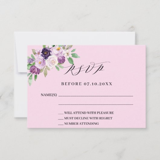 Roze paarse bloemenbruiloft reactie RSVP-kaart RSVP Kaartje (Voorkant)