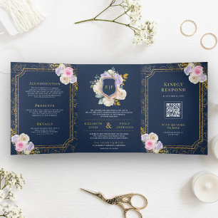 Roze Paarse Bloemige All in One Crest Navy Bruilof Drieluik Uitnodiging