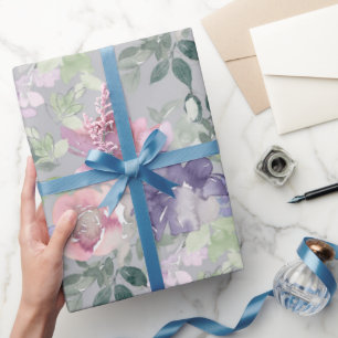 Roze Paarse Bloemige Grijze Achtergrond Cadeaupapier
