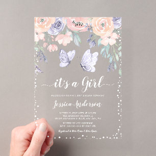 Roze Paarse Bloemige Vlinder Meisje Baby Shower Acryl Uitnodigingen