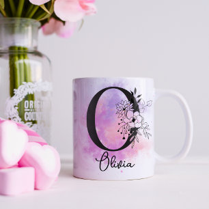 Roze Paarse Bloemige Zwarte Letter Monogram O Koff Koffiemok