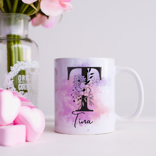 Roze Paarse Bloemige Zwarte Letter Monogram T Koffiemok