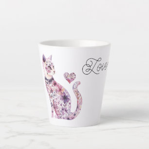Roze Paarse Blos Bloemen Hart Liefde Kat Latte Mok