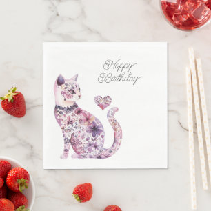 Roze Paarse Blos Bloemen Hart Liefde Kat Verjaarda Servet