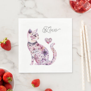 Roze Paarse Blos Bloemen Hart Liefde Kat Verjaarda Servet