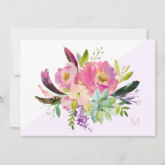 Roze Paarse Boho Floral Monogram Note Kaart (Voorkant)
