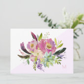 Roze Paarse Boho Floral Monogram Note Kaart (Staand voorkant)