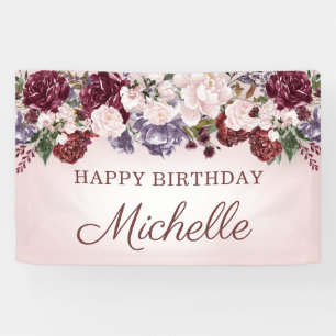 Roze Paarse Bourgogne  Floral Happy Birthday Spandoek