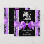 Roze Paarse Bow Birthday Party Black Silver Foto Kaart (Voorkant / Achterkant)