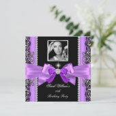 Roze Paarse Bow Birthday Party Black Silver Foto Kaart (Staand voorkant)