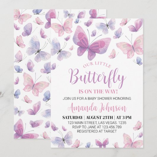 Roze Paarse butterfly-Baby shower Kaart (Voorkant / Achterkant)